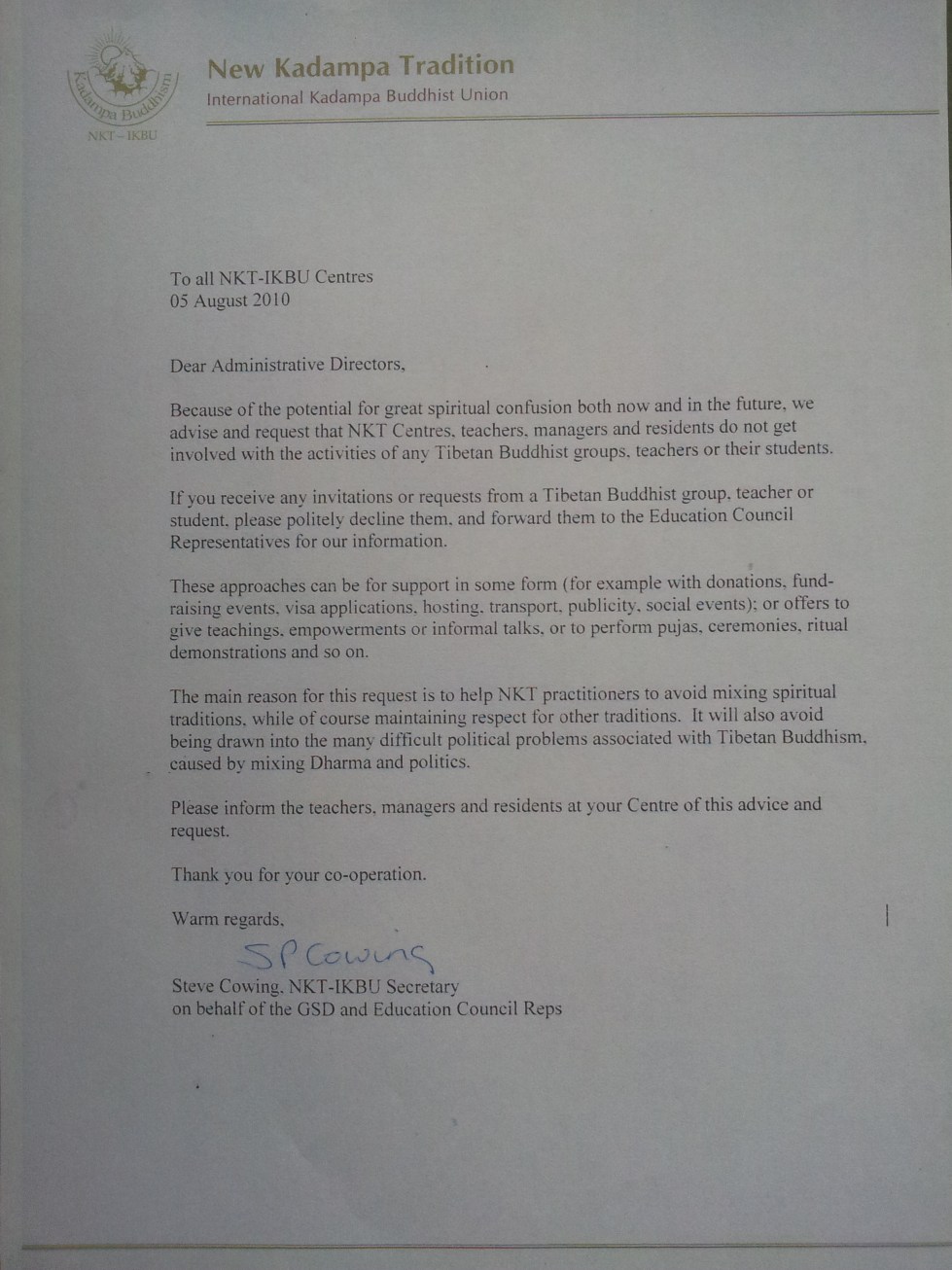 NKT declaration of sectarian views 2010